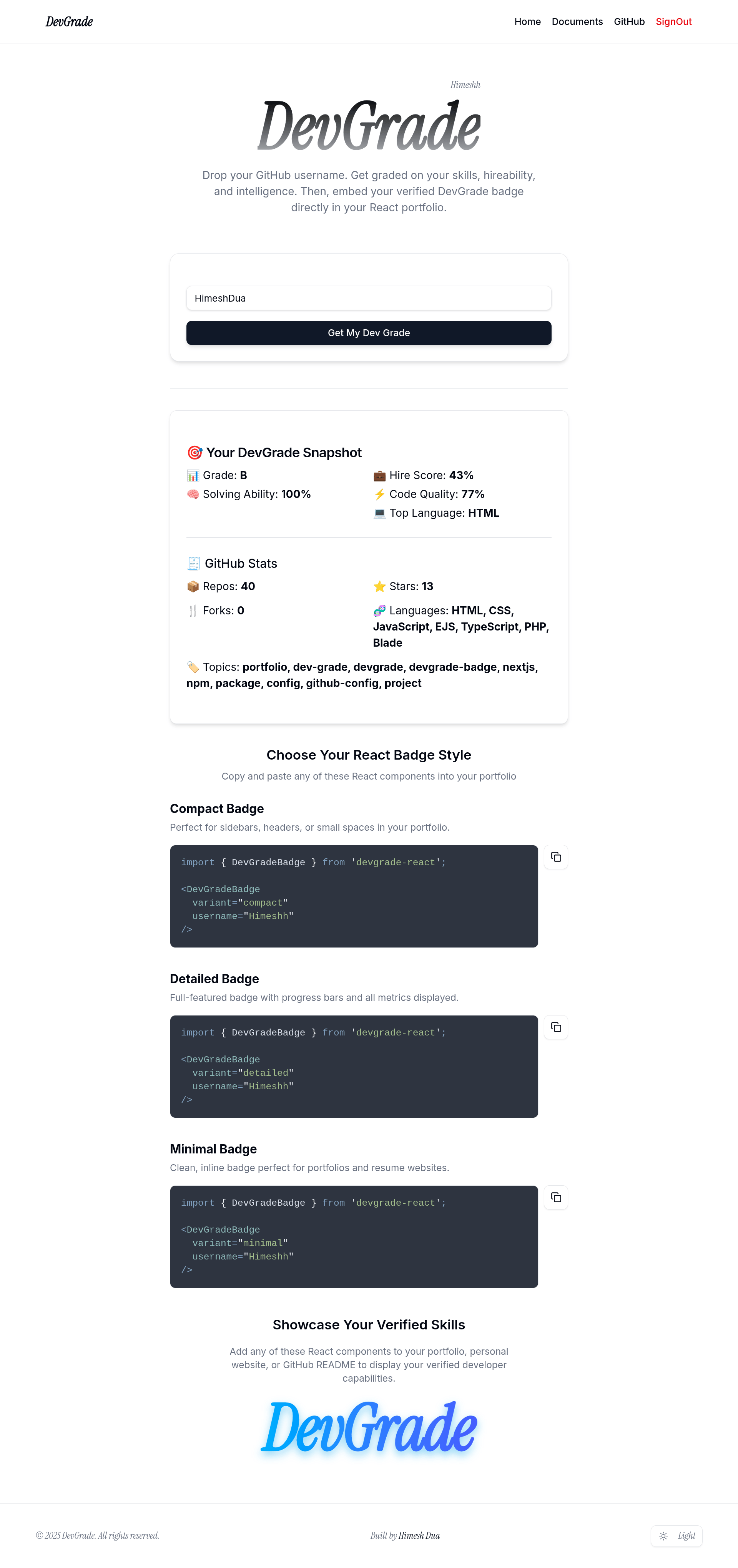 DevGrade - GitHub Skill Assessment Platform project screenshot